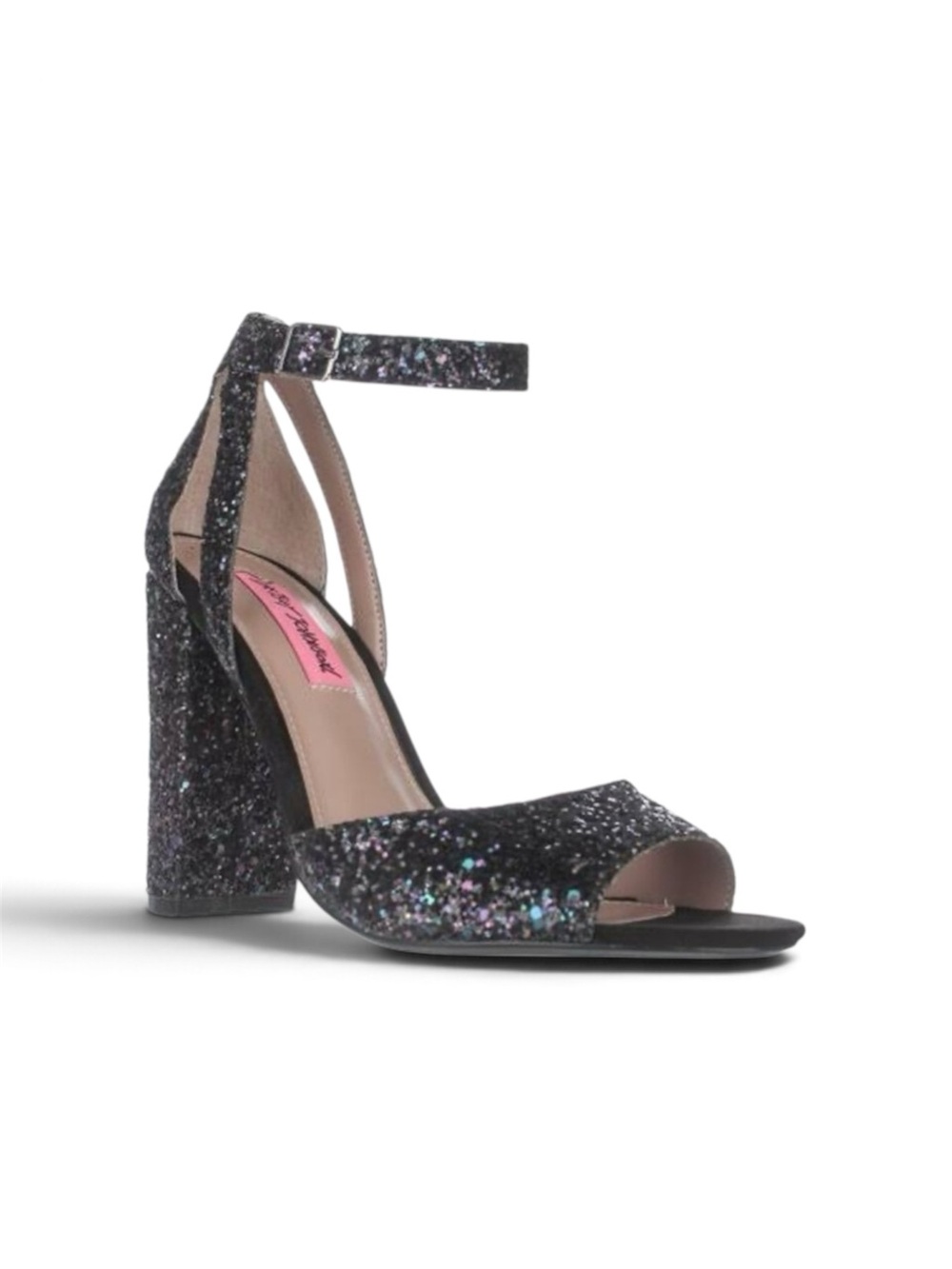 BETSEY JOHNSON Glissten Black Glitter Block Heel Sandal
